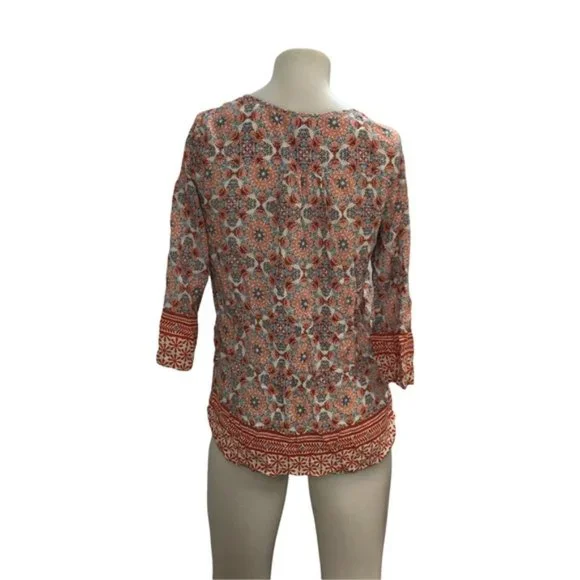 Lucy & Laurel Anthropologie Womens Boho Top Size Medium Orange/Blue Print Tassel - Picture 2 of 7
